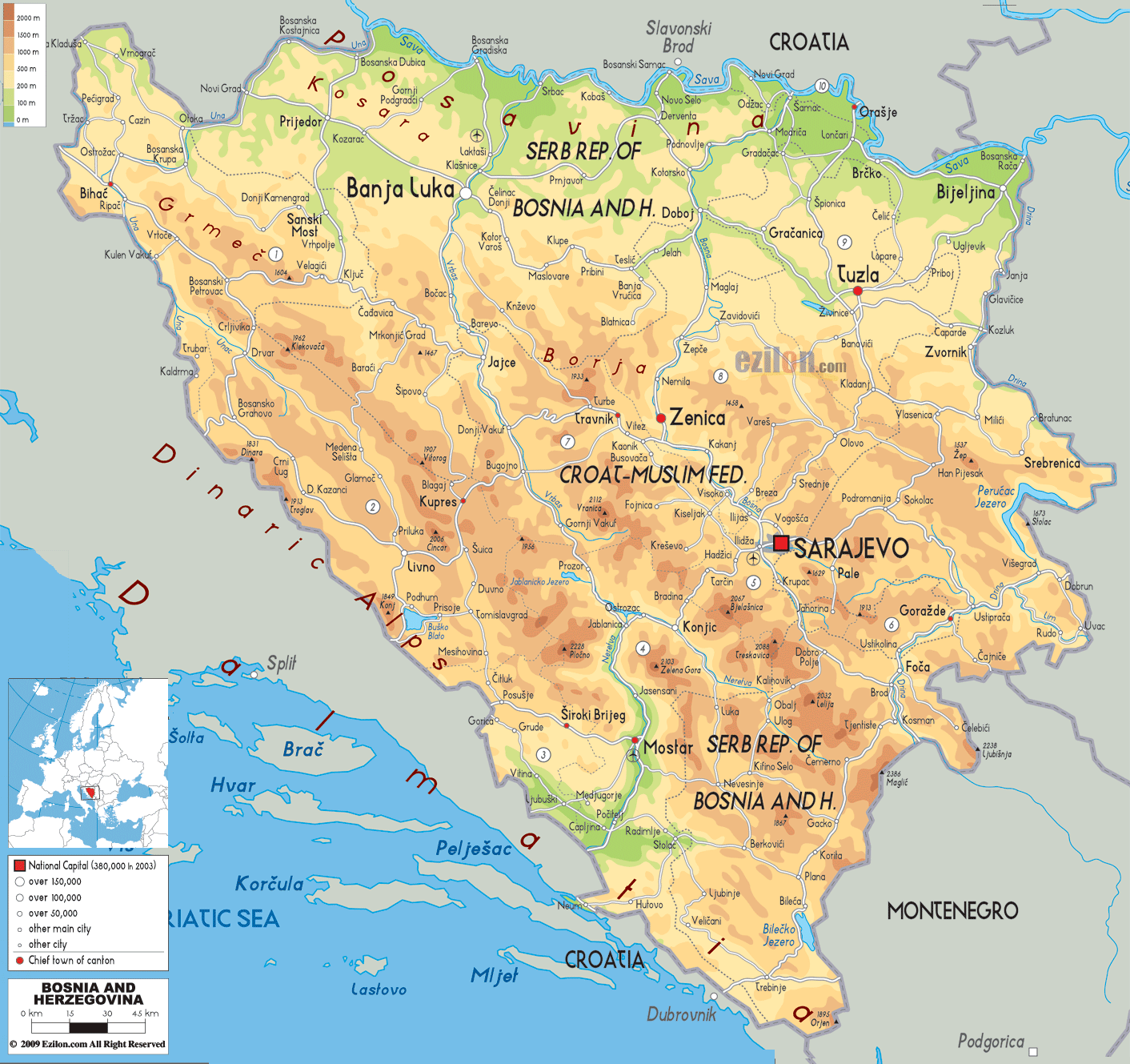physical map of Bosnia and Herzegovina